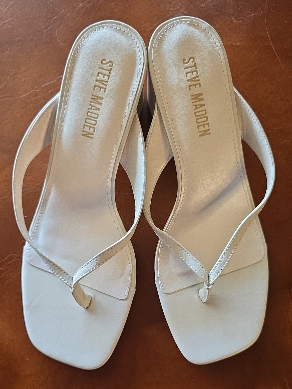 Steve Madden White Square Toe Thong Heels